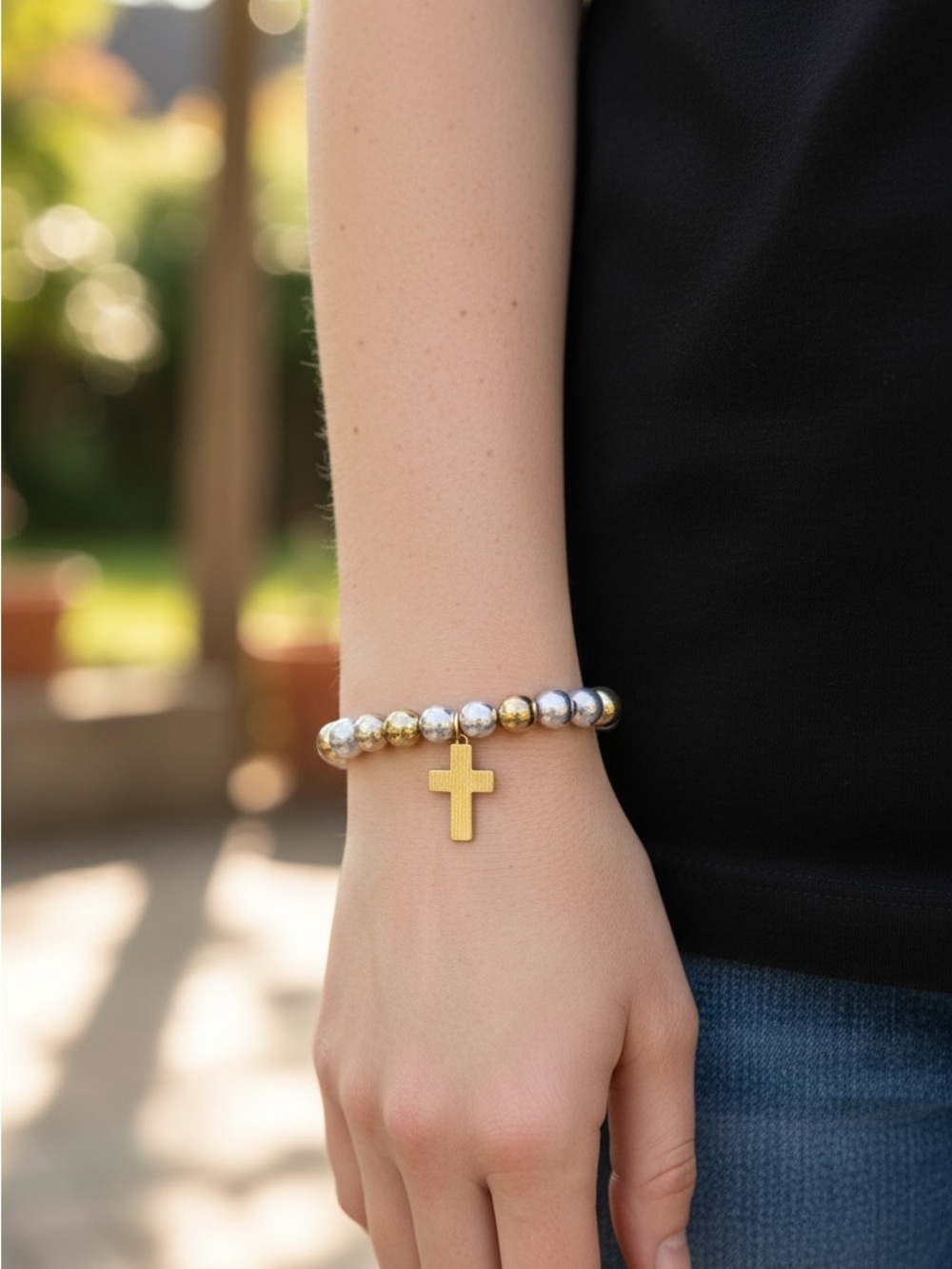 Gold Cross Beaded Bracelet - Two-Tone Silver & Gold